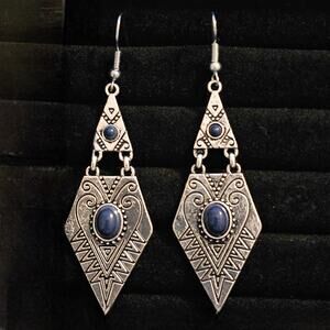 Geometric Silver Tone Dangle Earrings Denim Blue Cabochon Boho Southwest Style